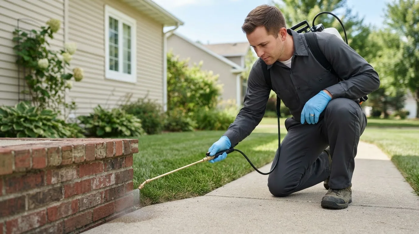 Pest control technician treating a home near Junction City, OH