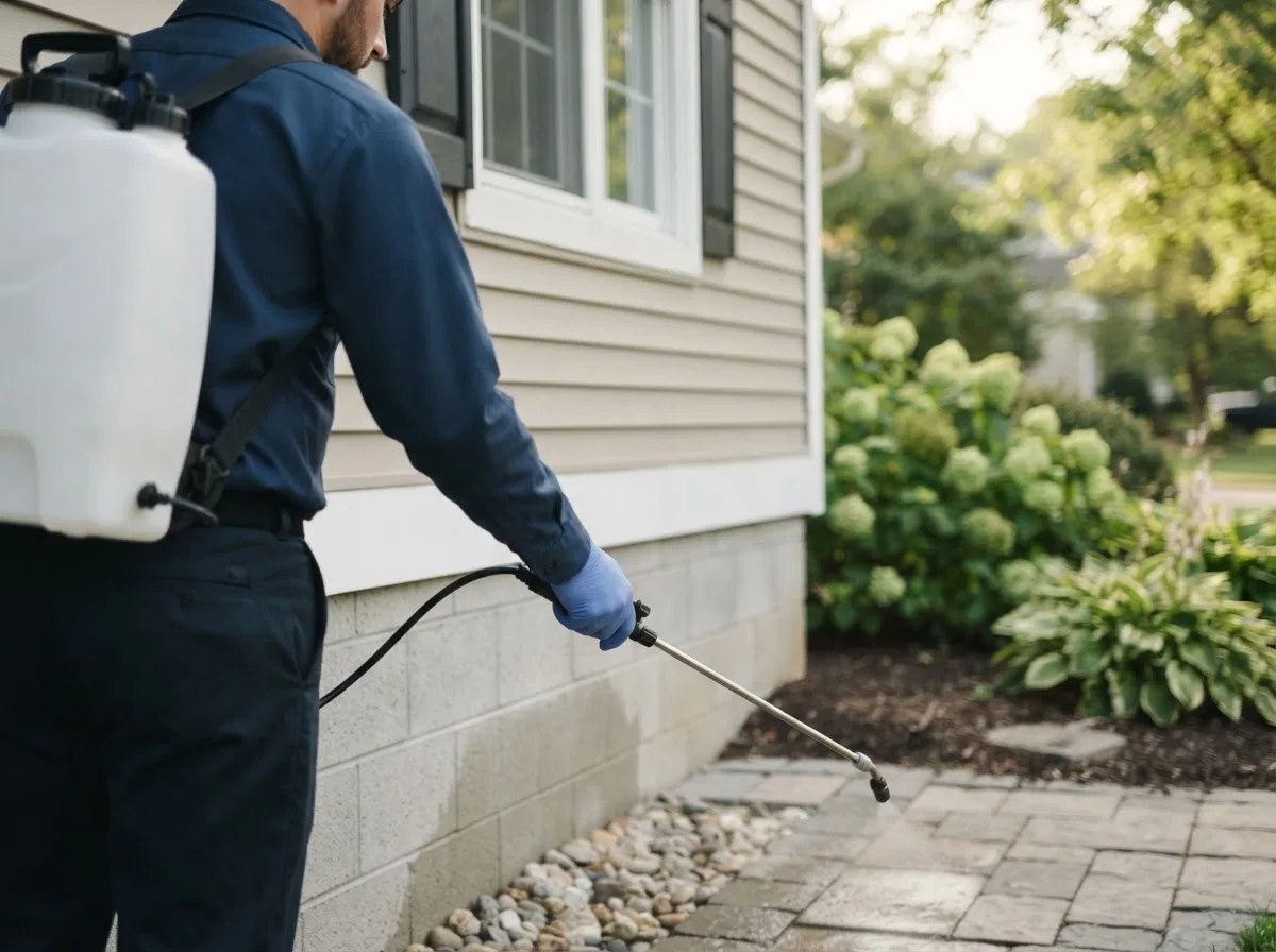 Pest control technician inspecting a home in Junction City, OH